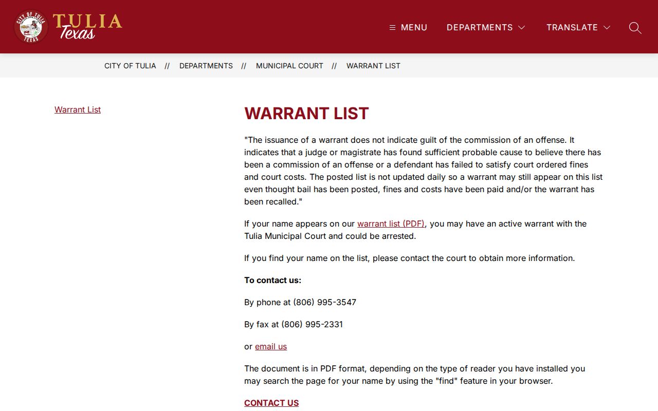 Swisher County warrant records: Tulia court's public warrant-list page and notice