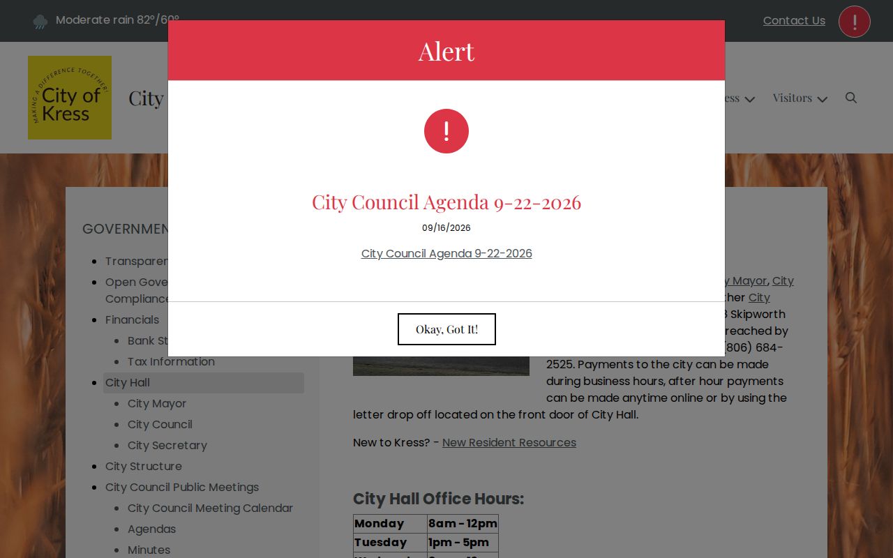 Swisher County municipal warrant records: Kress City Hall contact and posted office schedule