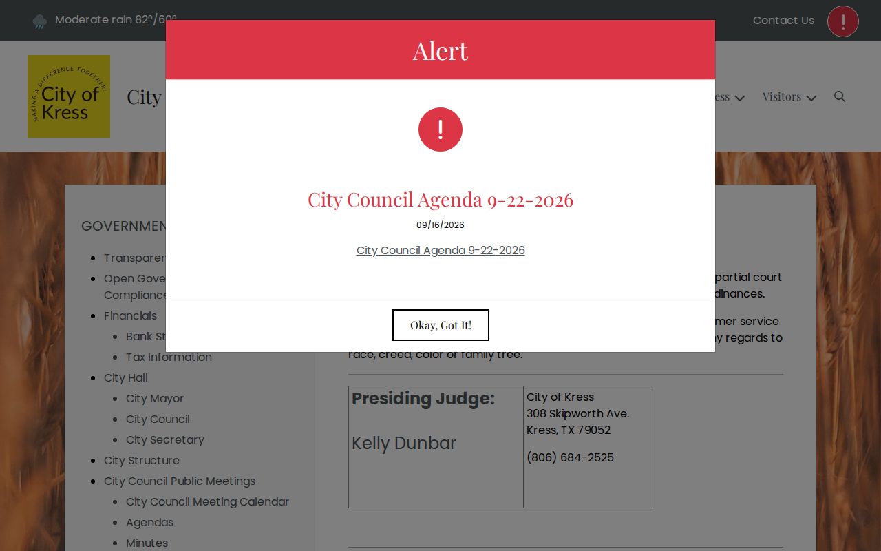 Swisher County warrant records: Kress Municipal Court information and contact page