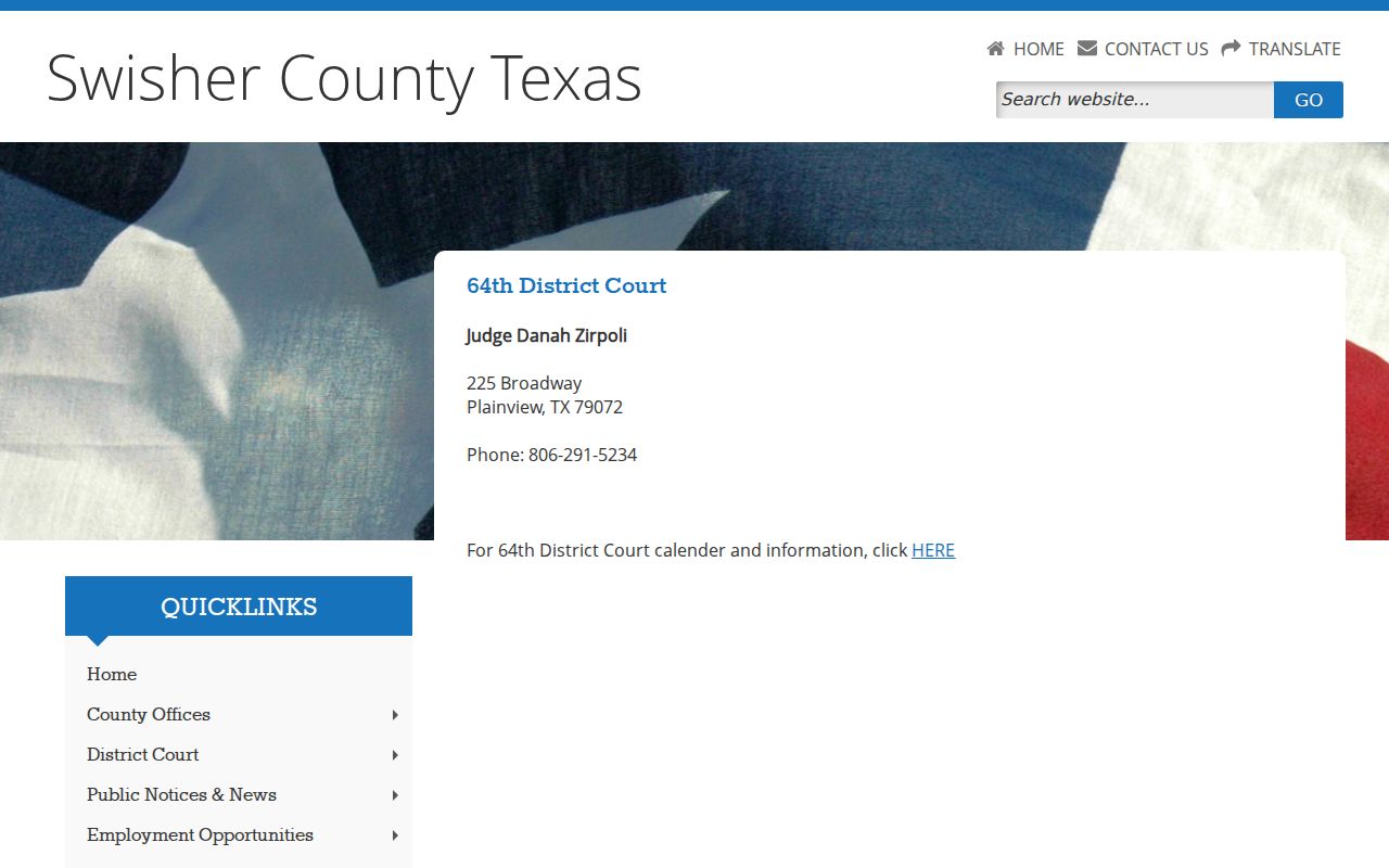 Swisher County bench warrant records: 64th District Court county contact page