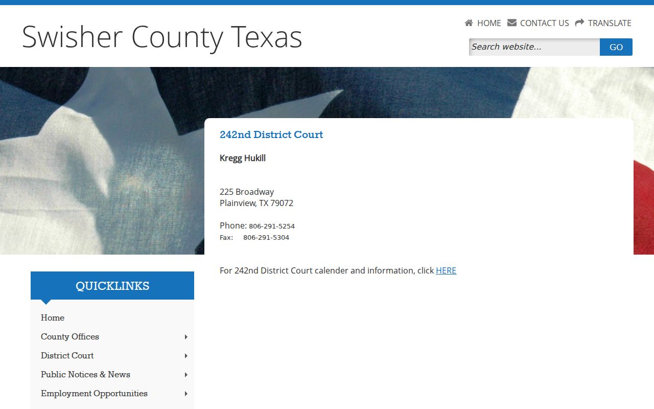 Swisher County arrest warrant records: county page identifying the 242nd District Court