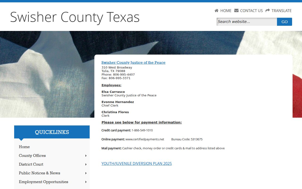 Swisher County warrant records: Justice of the Peace contact and payment page