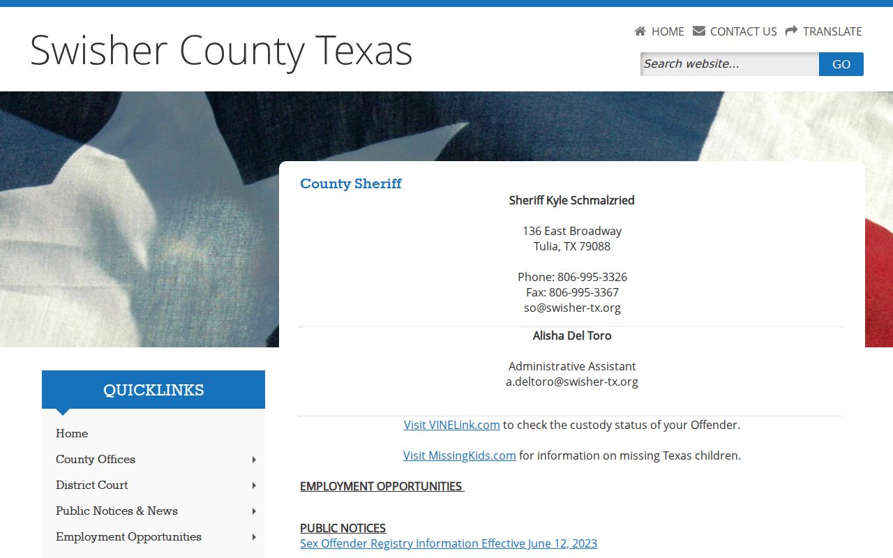 Swisher County warrant records: sheriff office page with Tulia contact information